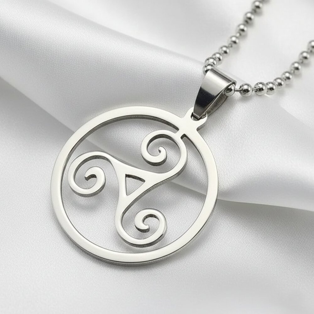 Silver Stainless Steel Triskelion Celtic Spiral Fashion Necklace Unisex NWOT